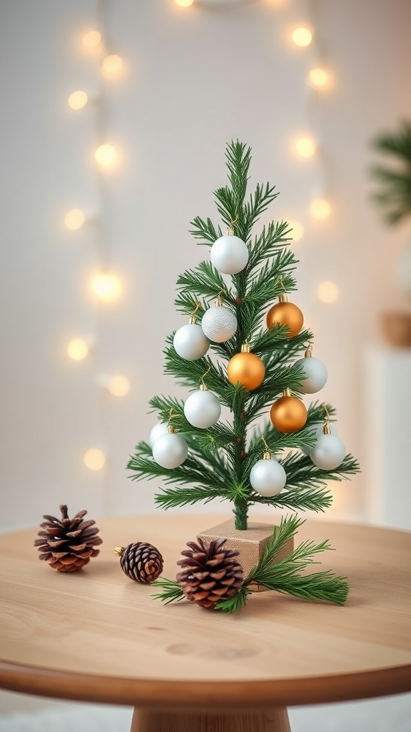 Minimalist Christmas decor with a small tree, white and gold ornaments, and natural elements on a wooden table.